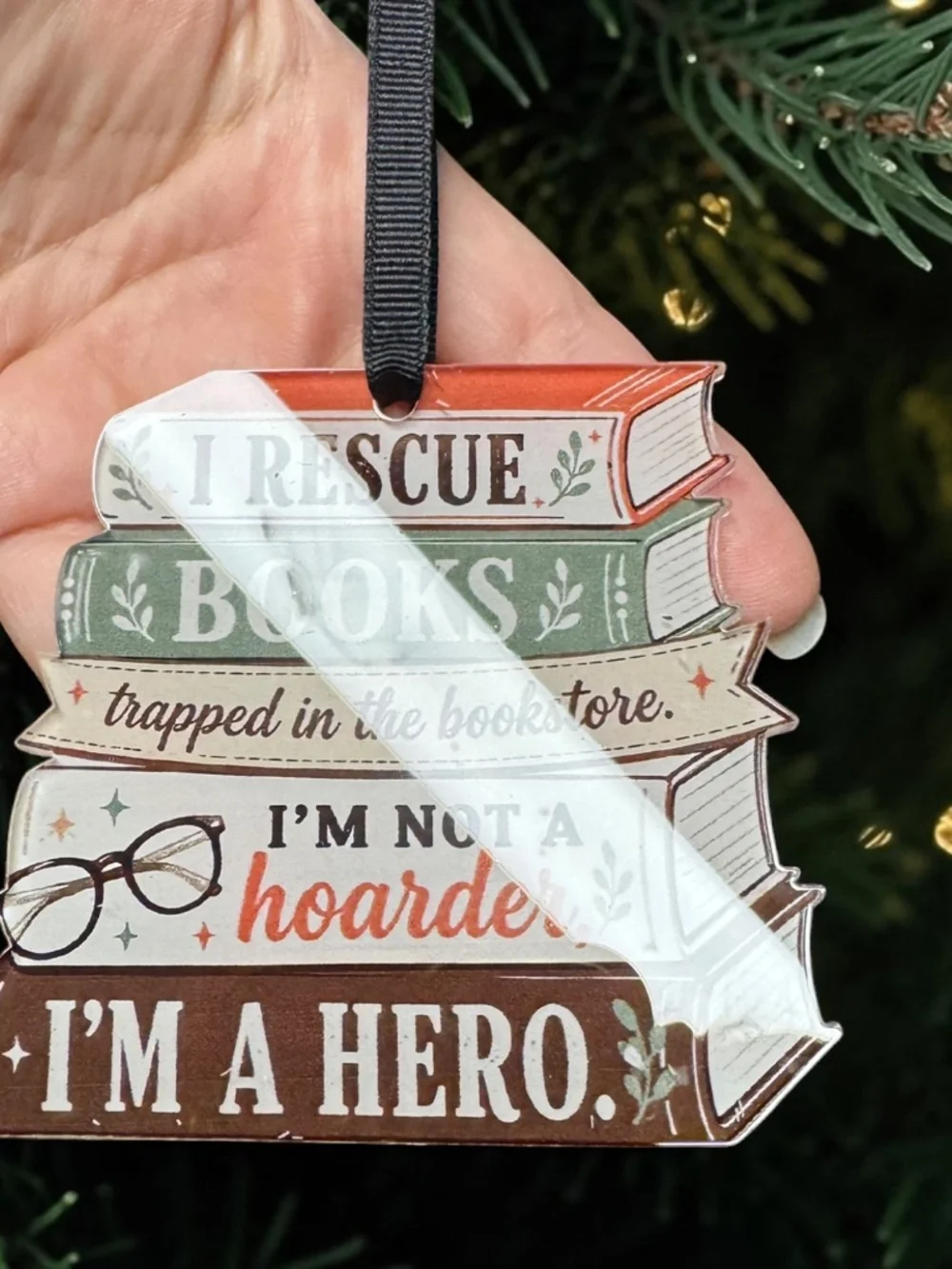 Book Lover Christmas Ornament Book Stack Bookish Reader Bibliophile Acrylic